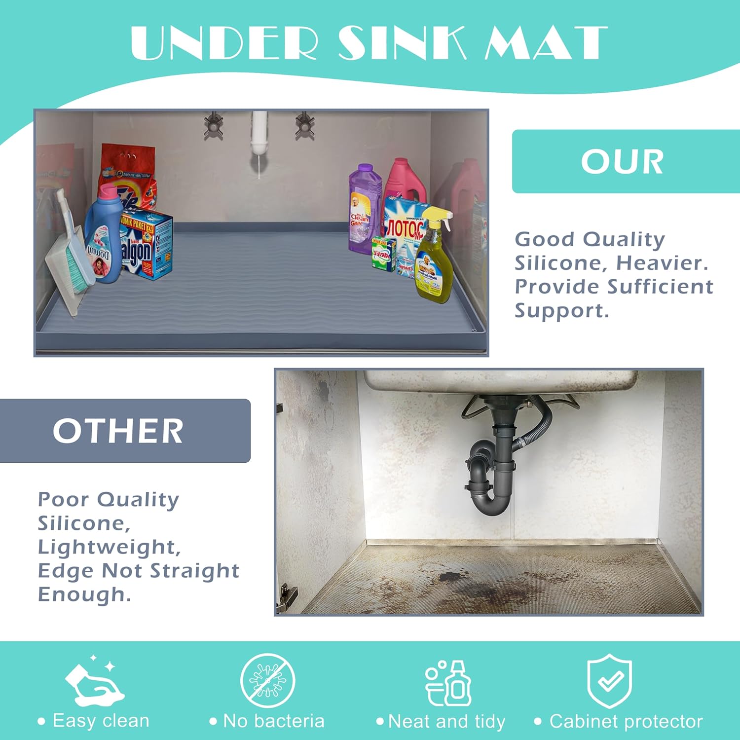 URMONA Waterproof Silicone Under Sink Mat 25'' x 22'' Shelf Liner for Kitchen and Bathroom, Cabinet and Counter Protector, Storage and Organizers, Litter Mat, Pet Cat Puppy Essentials(Dark Grey) - NestledHome