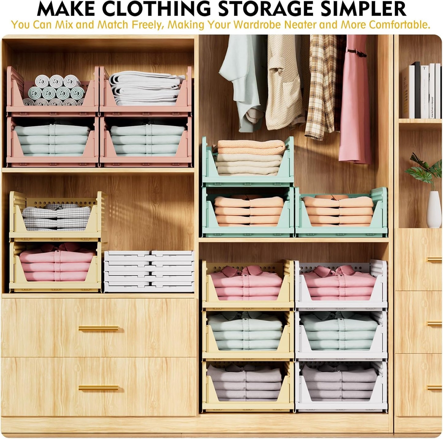 SNSLXH 5 Pack Stackable Closet Organizer Box, Multifunctional & Foldable Closet Storage Basket for Bathroom Kitchen Laundry Room Wardrobe Storage, Space-Saving Clothes Storage Drawer Organizer, Yellow - NestledHome