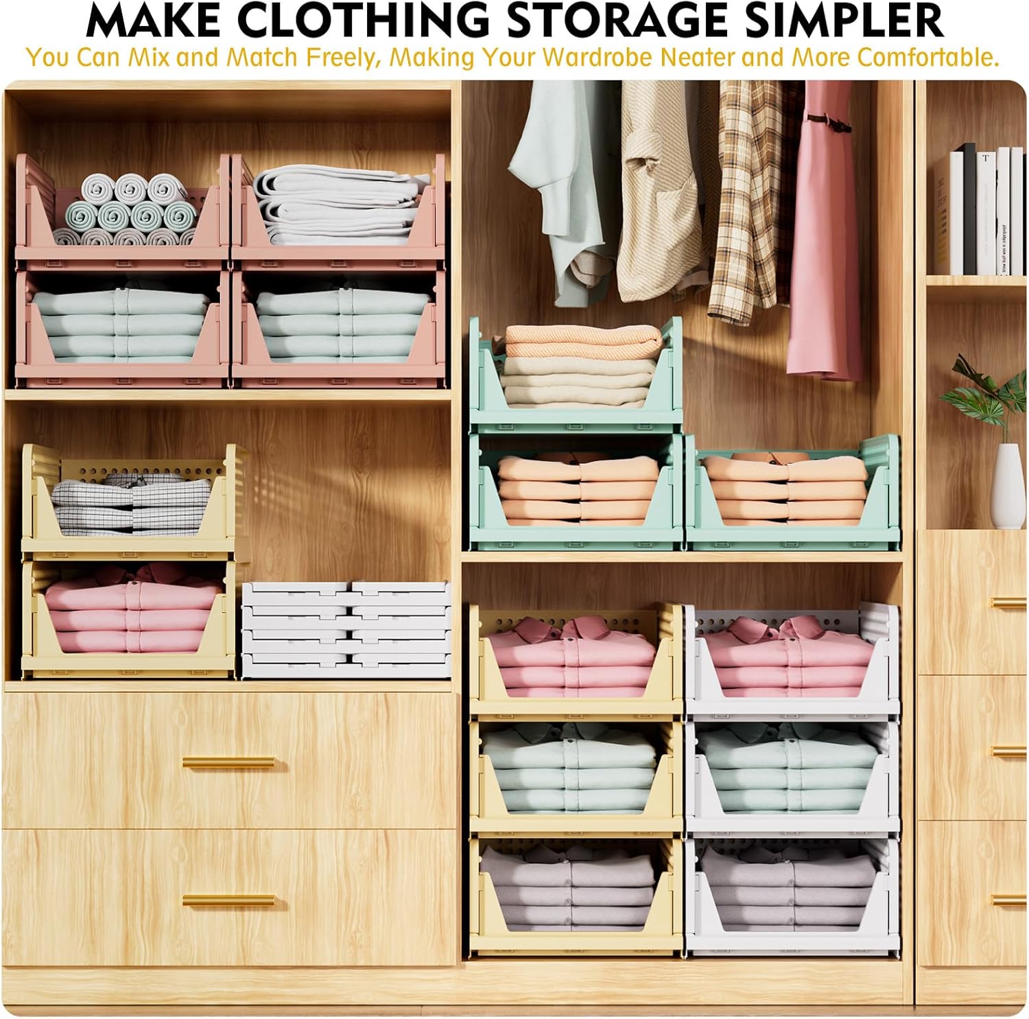 SNSLXH 5 Pack Stackable Closet Storage Basket, Multifunctional & Foldable Closet Organizer for Bathroom Kitchen Laundry Room Wardrobe Storage, Space-Saving Clothes Storage Drawer Organizer, White - NestledHome
