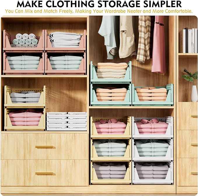 SNSLXH 5 Pack Stackable Closet Organizer Box, Multifunctional & Foldable Closet Storage Basket for Bathroom Kitchen Laundry Room Wardrobe Storage, Space-Saving Clothes Storage Drawer Organizer, Pink