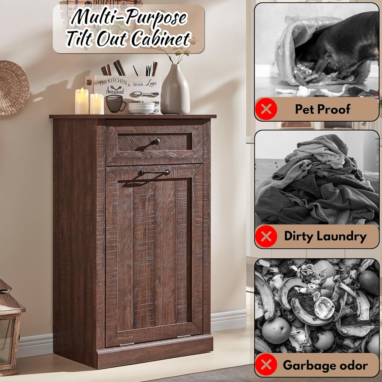 Tilt Out Laundry Hamper Cabinet, 10 Gallon Farmhouse Trash Can Cabinet with Drawer, Hidden Wood Garbage Can Bin Cabinet with Laundry Storage Basket for Bathroom, Kitchen, Brown - NestledHome