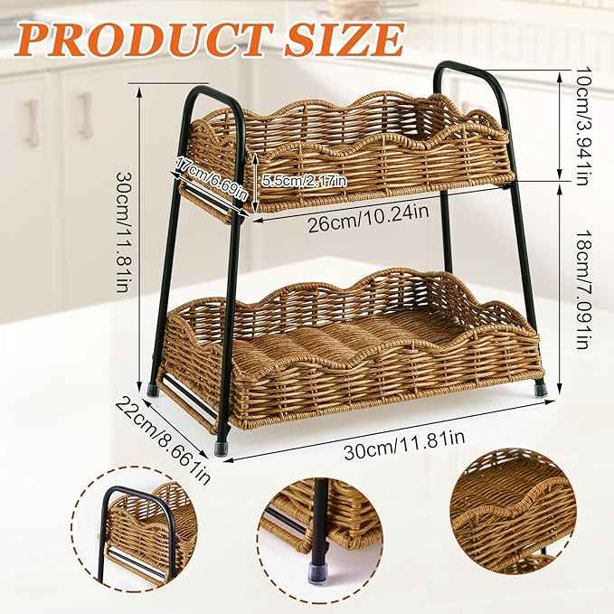 Geelin 2 Tier Stackable Cabinet Organizer Shelves 12.8" x 8.7" x 12" Kitchen Counter Shelves Natural Rattan Scalloped Wicker Basket Boho Spice Rack for Kitchen Bathroom Laundry Living Room Decoration