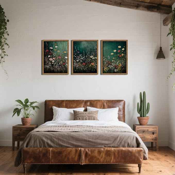 Vintage Wildflower Wall Art Set of 3, Moody Dark Green Flower Botanical Wall Decor Paintings,Nature Floral Farmhouse Landscape Posters Prints Pictures for Living Room Bedroom 16x24 Inch Wood Framed