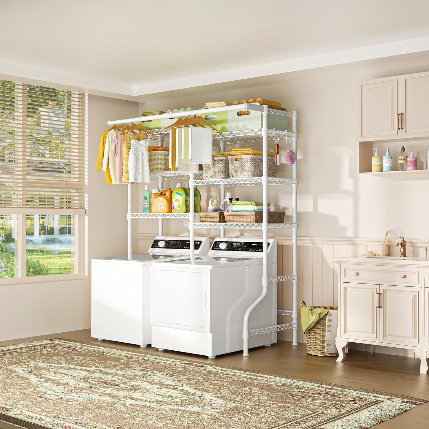 Ulif U13 Over Washer and Dryer Storage Shelves, 6 Tiers Laundry Room Standing Shelf with 2 Hanger Rods, Space Saver Clothes Drying Rack, 63.4" W x 22" D x 77.4" H, White - NestledHome