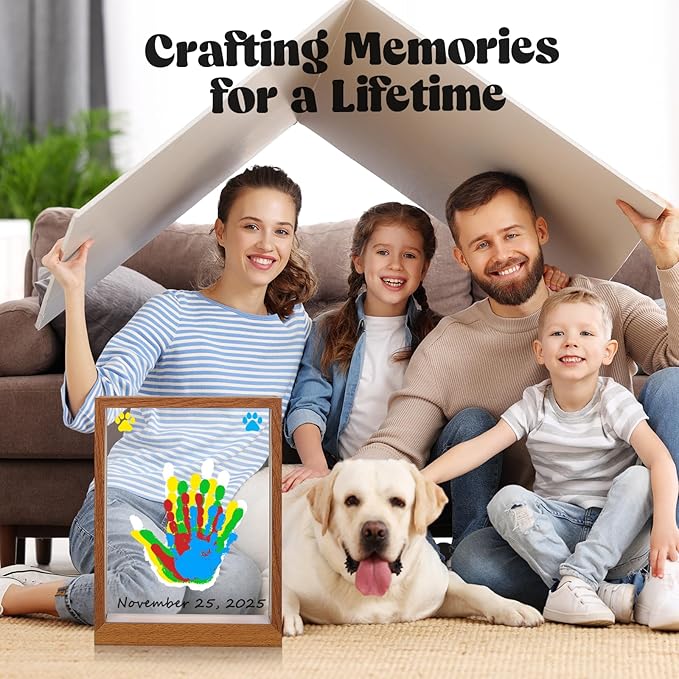 Bixinyo Family Handprint Kit with Light, Baby Hand and Footprint Keepsake Wooden Frame, Family Gifts for Mom, Women, New Parents, Mother's Day, Adoption Gifts, 5 Non-Toxic Paints (Light, Brown)