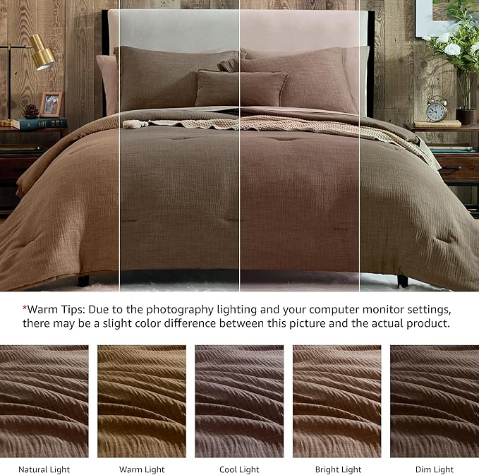 Geniospin Brown Full Comforter Set - 7 Pieces Comforter Full Size, Solid Bedding Set for All Season, Textured Bed in a Bag with Sheets