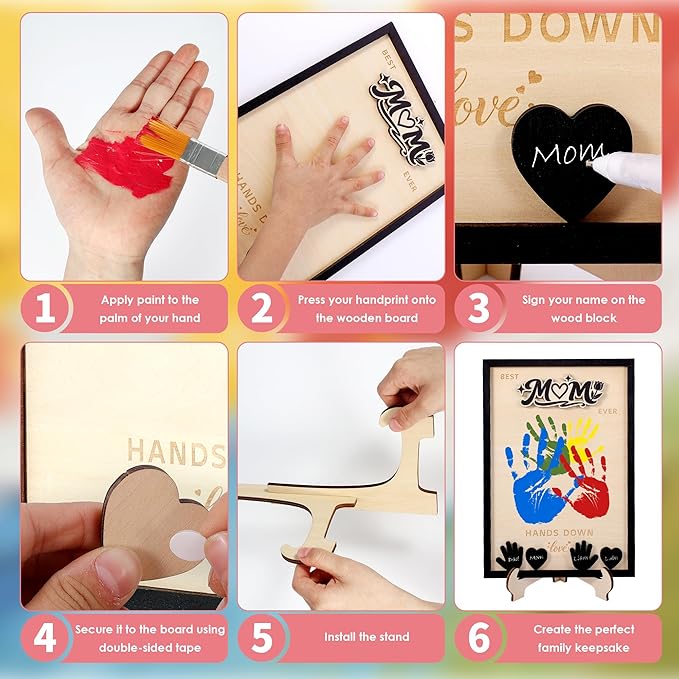 Mothers Day Gifts from Kids, DIY Handprint Craft Kit with 5 Non-Toxic Paint, Wooden Family Keepsake Frame with Kids Names, Hands Down Best Mom Ever Sign, Mothers Day Gift from Son Daughter