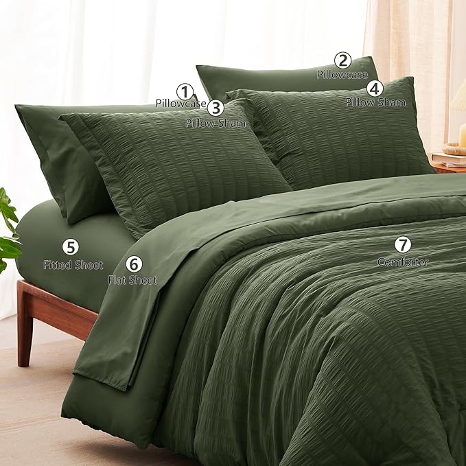 CozyLux Oversized King Comforter Set Olive Green Seersucker 7 Pieces Bed in a Bag King Comforter Set with Sheets, Luxury Soft Bedding Set with Down Alternative Comforter, Sheets, Pillowcases & Shams