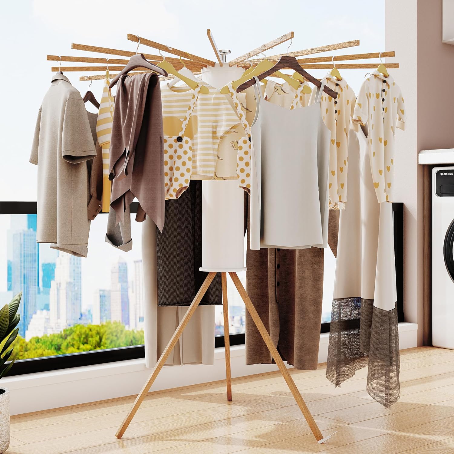 Clothes Drying Rack Tripod,Drying Rack Clothing,Laundry Drying Rack,Floor Standing,16 Wooden Poles,Collapsible Drying Racks for Laundry,Retractable,Foldable,Folding - NestledHome
