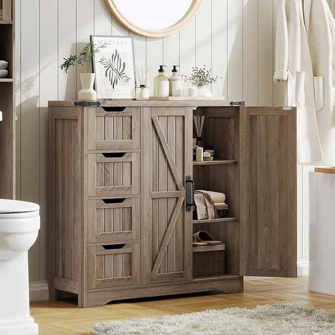 Vabches Farmhouse Bathroom Cabinet, Freestanding Storage Cabinet with 4 Drawers and 2 Doors, Rustic Storage Organizer with Adjustable Shelf for Bathroom, Living Room, Entryway, Grey