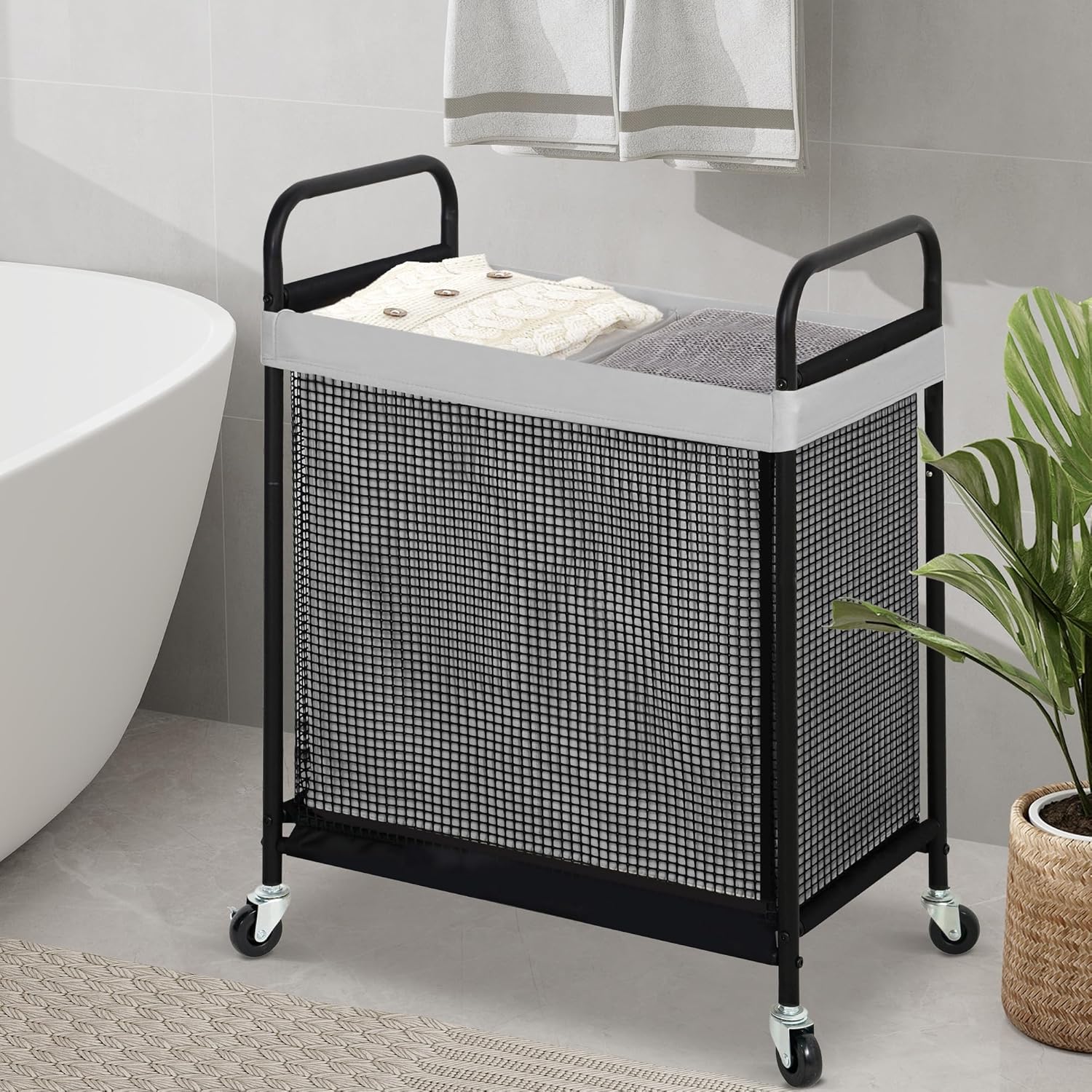 STO STO Laundry Hamper 2 Section, 100L Rolling Laundry Sorter Cart with Removable and Washable Liner Bag, Rolling Clothes Hamper with Metal Handle for Laundry Room and Bedroom, Gray - NestledHome