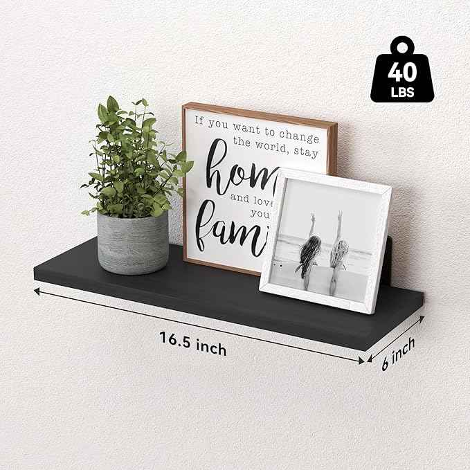 WOPITUES Wood Floating Shelves Set of 6, Shelves for Wall Decor, Farmhouse Shelf for Bedroom, Bathroom Storage Shelves, Book Shelves for Living Room-Black