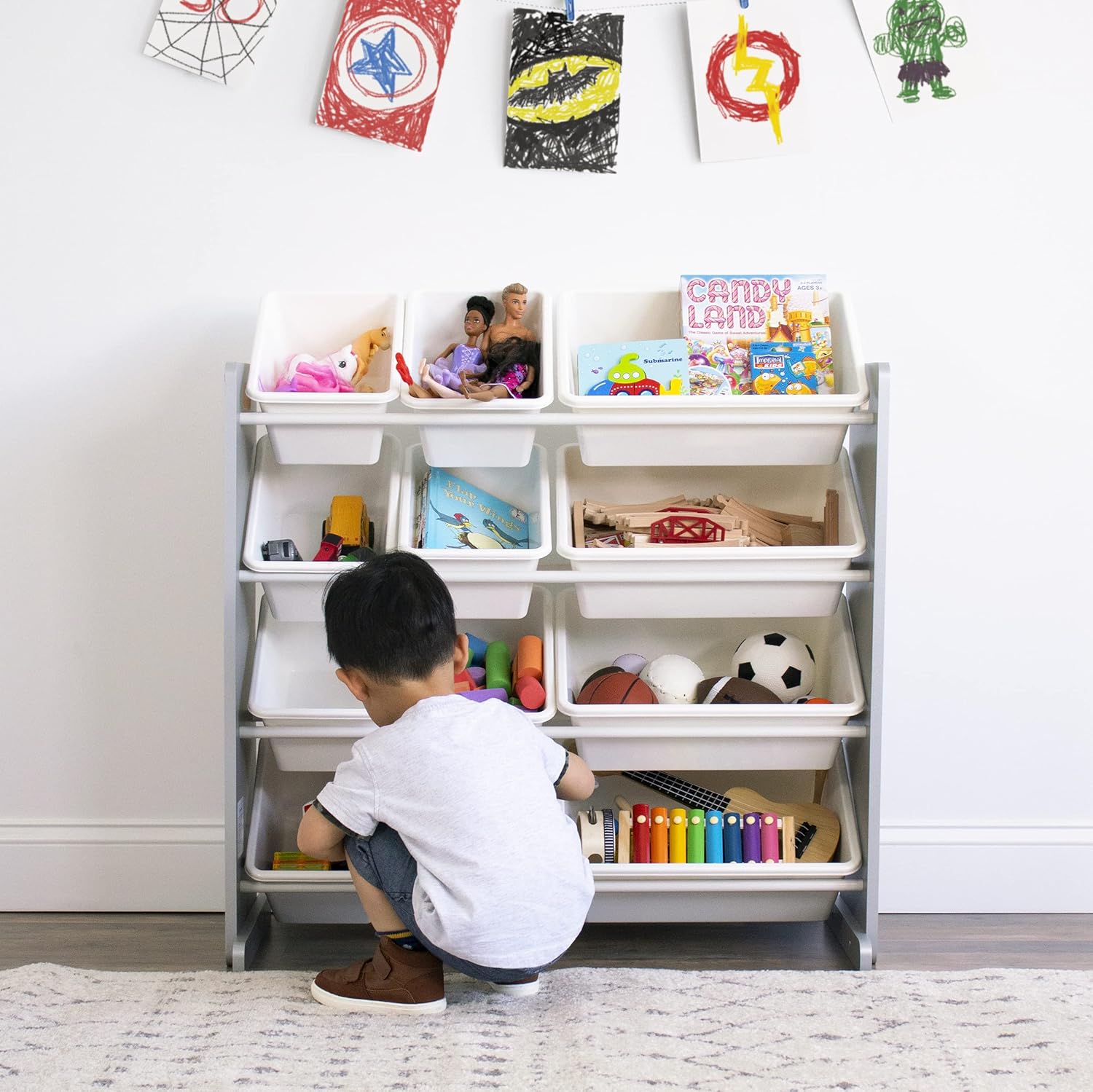 Humble Crew Kids Toy Storage Organizer with 12 Plastic Bins, Grey/White – Removable Bins for Playroom, Bedroom, Toddler Furniture for Boys and Girls Ages - NestledHome