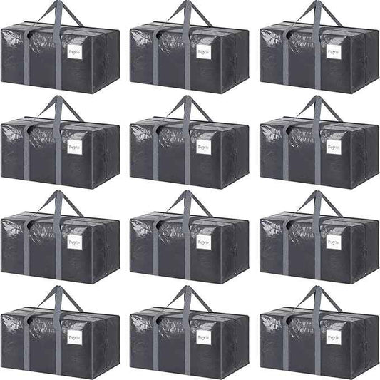 12 Pack Extra Heavy Duty Large Moving Bags with Strong Zipper & Comfortable Handles, Sturdy & Durable Clothes Storage Bags Totes Bins, Packing Moving Boxes for College Supplies, Gray