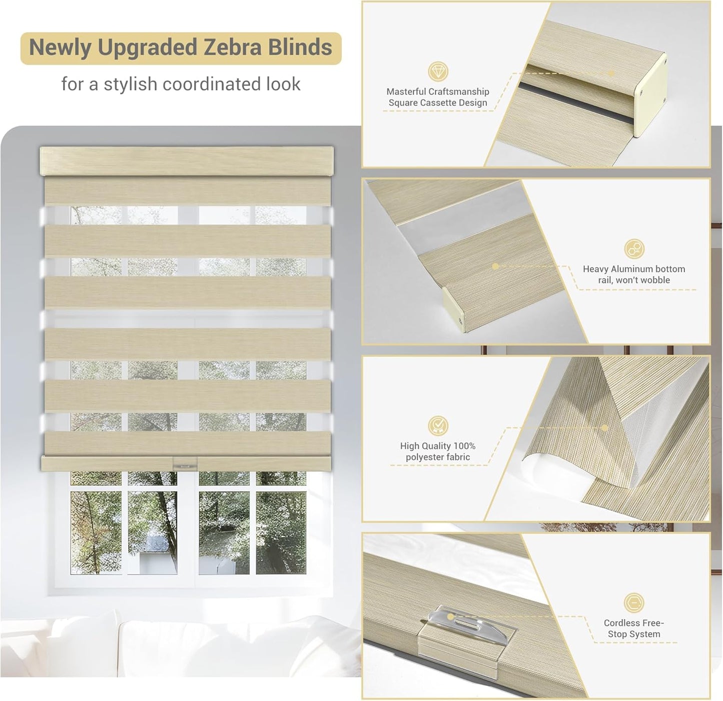 Cordless Zebra Blinds for Windows, Blackout Interior Blinds,Easy to Install,UV Protection,for Offices and Home,Custom Roller Shades, Mousse Beige,77" W x 56" H