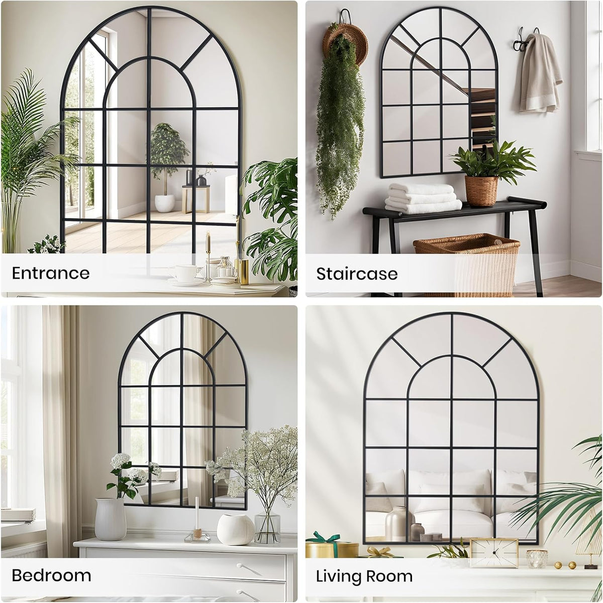 Arched Windowpane Wall Mirror 30"x48" Black Wall Mounted Art Pane Mirror Farmhouse Decorative Mirror Leaning Hanging Wall Mirror for Bedroom Living Room Entrance Hallway Wall Decor