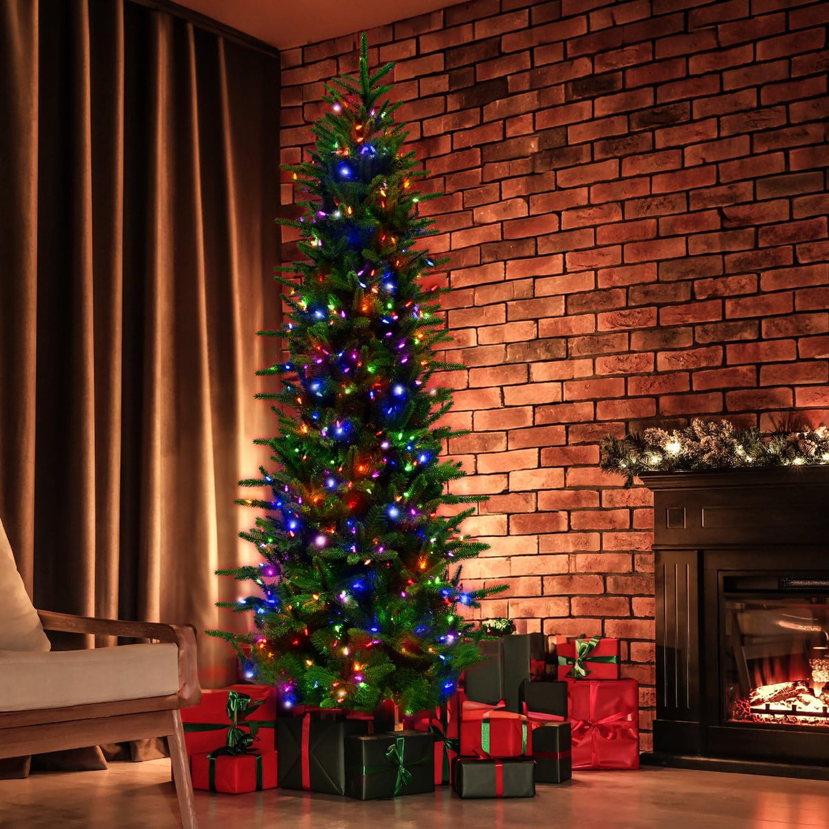 9 Ft. Carmel Pine Slim Artificial Christmas Tree with Dual Multicolor & Warm White LED Lights and Stand
