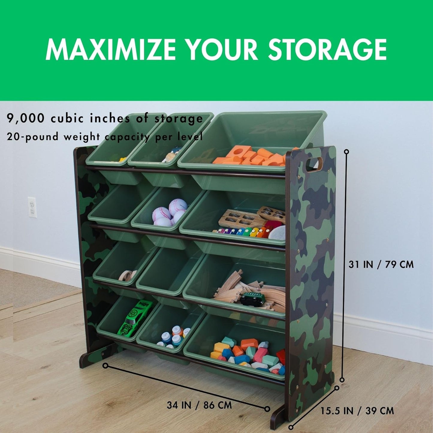 Humble Crew Kids Toy Storage Organizer with 12 Plastic Bins, Camo – Removable Bins for Playroom, Bedroom, Toddler Furniture for Boys and Girls Ages - NestledHome