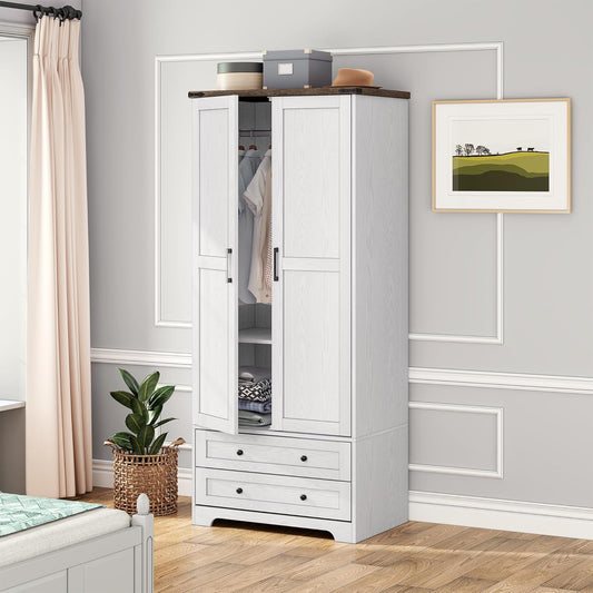 Brafab Armoire Wardrobe Closet with 2 Modern Doors, 71" Tall Freestanding Closet Wardrobe Cabinet with Drawers and Hanging Rail, Light Wooden Storage Cabinet with Shelve for Bedroom (White, 2 Doors) - NestledHome
