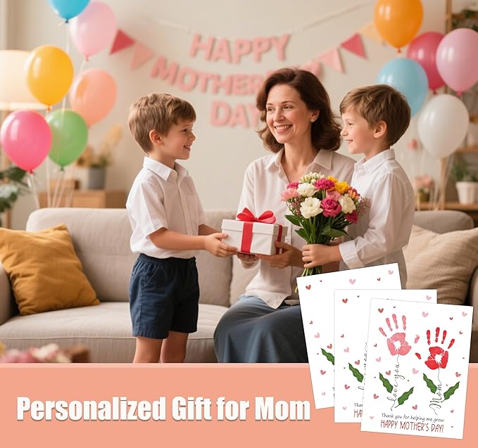rorusio Flower Handprint Keepsake Card Making Kit- Thank You for Helping Me Grow, 10 Funny Personalized Mothers Day Cards Bulk for Mom from Daughter or Son, Mothers Day Gifts for Wife