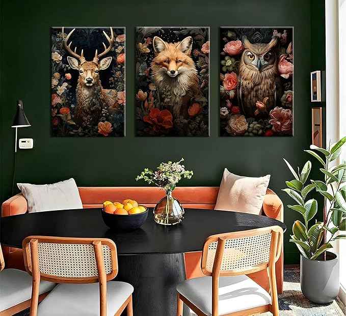 Magical Forest Animal Canvas Wall Art Flowers And Wild Animals Prints Wall Decor Dark Cottagecore Posters Gothic Vintage Botanical Floral Painting Picture Nature Room Decor Bedroom Decoration Framed
