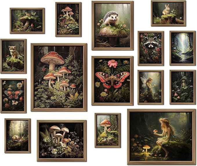 ANERZA 16 PCS Framed Dark Cottagecore Wall Art Decor, Cottage Core Wall Prints for Bedroom, Gallery Wall Frame Set, Fairycore Posters for Living Room Aesthetic, Nature Forest Mushroom Dorm Home Decor