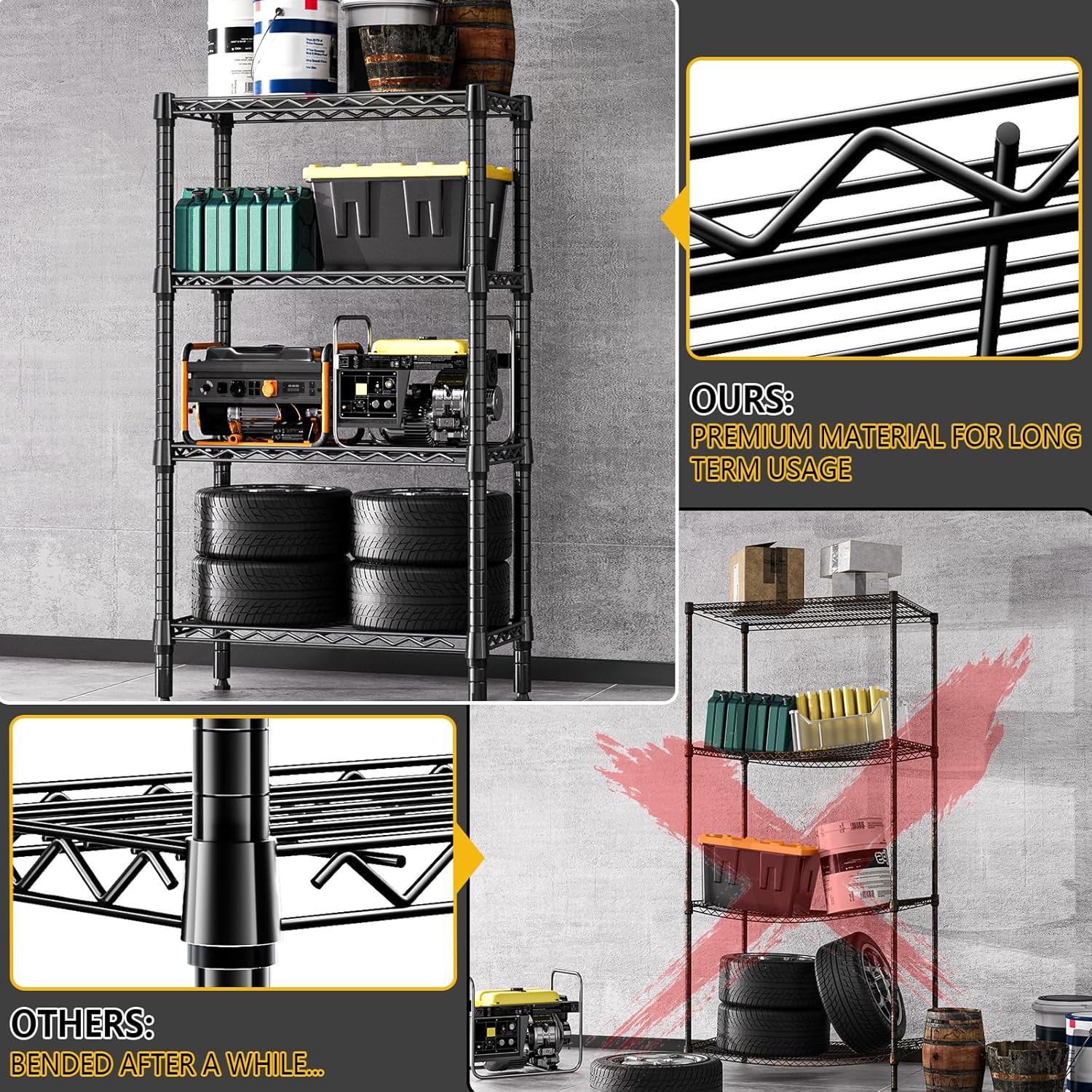 1000 lbs 4 Tier Shelf Metal Storage Shelves Wire Rack Closet Organizers for Garage Kitchen Bathroom Laundry Black 11.8" D x 25.6" W x 45.5" H - NestledHome