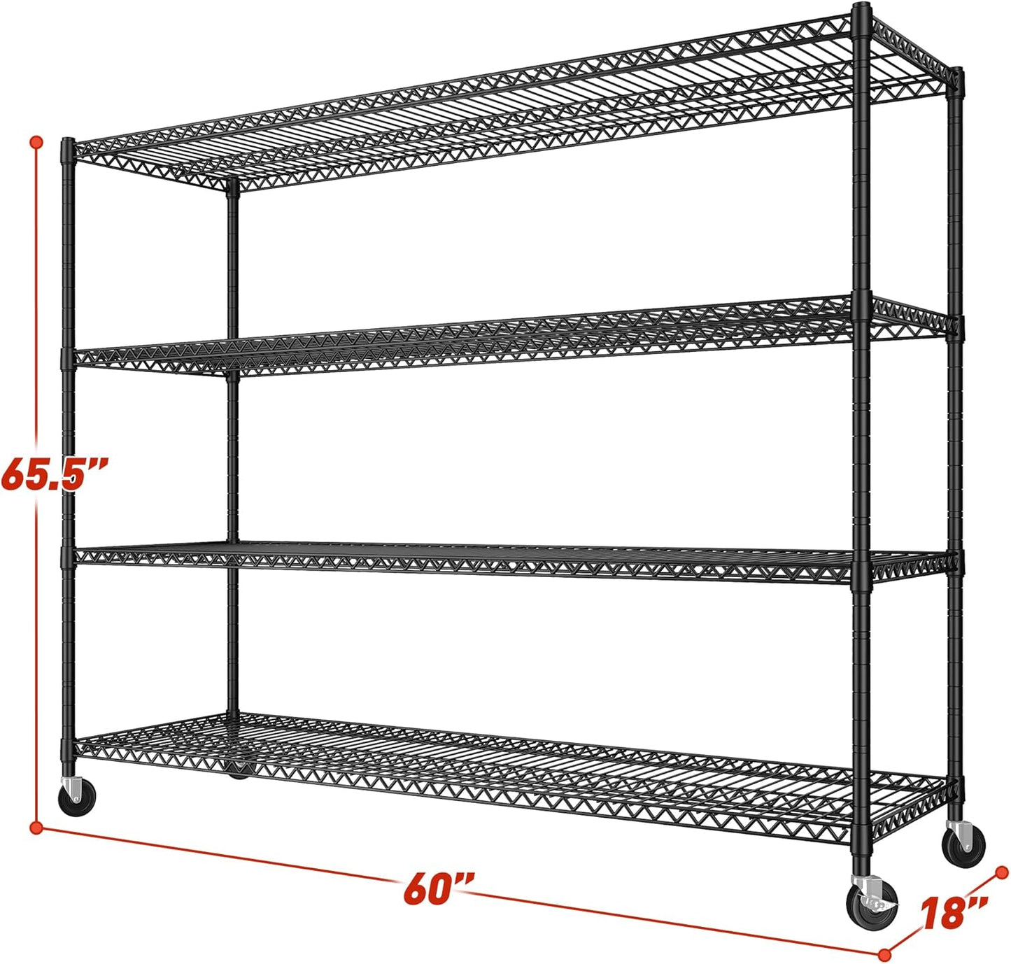 REIBII 60''W Storage Shelves 2399LBS Garage Shelving Heavy Duty with Wheels & Feet, 4 Tier Wire Shelving Adjustable Metal Shelving for Pantry Garage Kitchen Commercial Industrail, 60"W x 18"D x 65.5"H - NestledHome