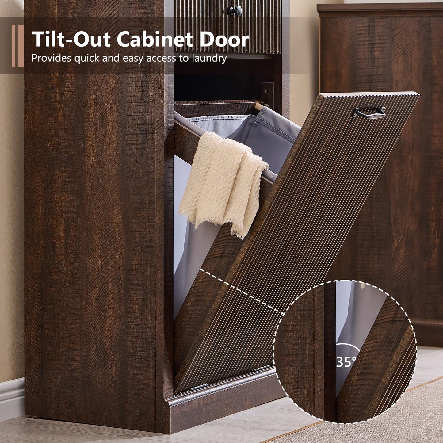 Modern Tilt-Out Trash Can Cabinet, 10 Gallon Fluted Laundry Hamper Cabinet with Drawers, Wooden Hidden Garbage Can Cabinets with Storage Basket, Free Standing for Kitchen and Living Room,Brown - NestledHome