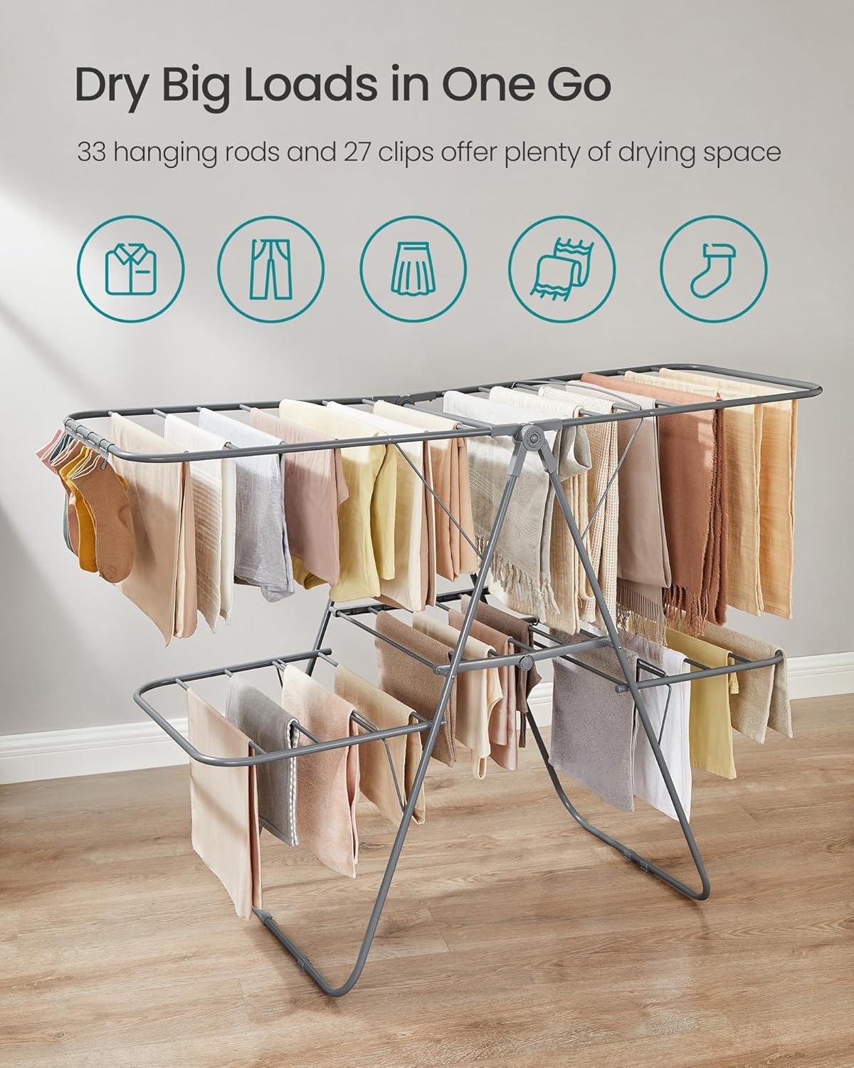 SONGMICS Clothes Drying Rack, Foldable 2-Level Laundry Drying Rack, Free-Standing Laundry Airer, with Height-Adjustable Wings, 33 Drying Rails, Sock Clips, Gray ULLR053G02V1 - NestledHome