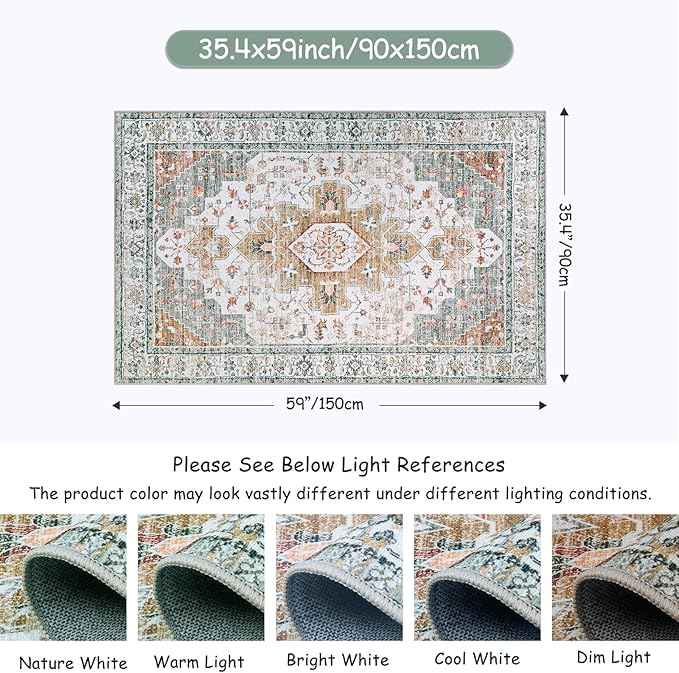 Moynesa Ultra-Thin Washable Area Rug - 3x5 Entryway Rug Washable Bedroom Rug Non Slip Front Door Mat, Vintage Medallion Printed Indoor Carpet for Living Laundry Bathroom Vanity Foyer, Beige/Gold