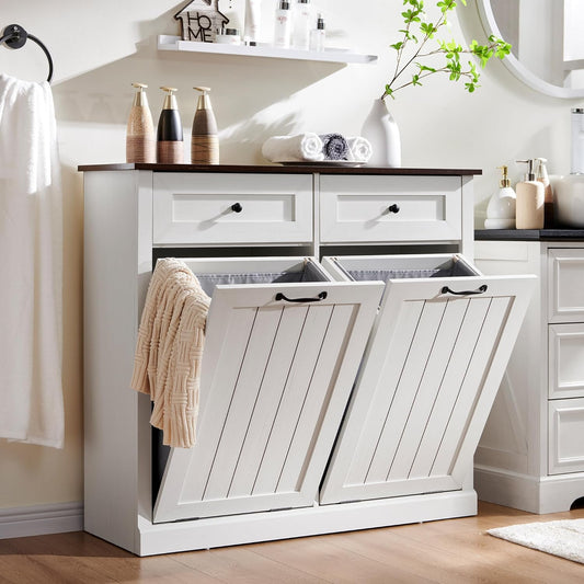 Double Tilt Out Laundry Hamper Cabinet, 20 Gallon Farmhouse Trash Can Cabinet with Drawer, Hidden Wood Garbage Can Bin Cabinets with Laundry Storage Basket for Bathroom, Kitchen (Antique White) - NestledHome