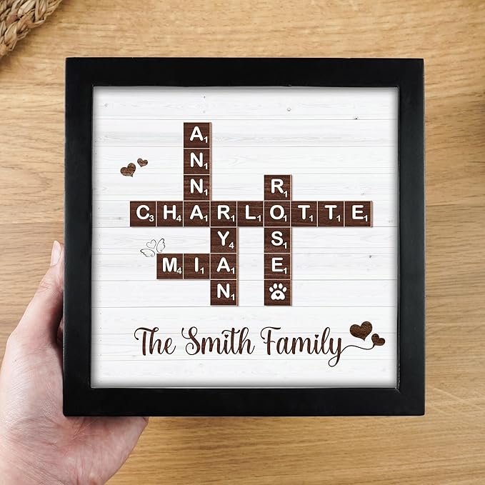 Personalized Family Name Crossword Scrabble Wooden Framed Wall Art Decor Living Room Customized Letters Puzzle for Gift for Lovers, Valentine's Day, Christmas, Birthday, Anniversary