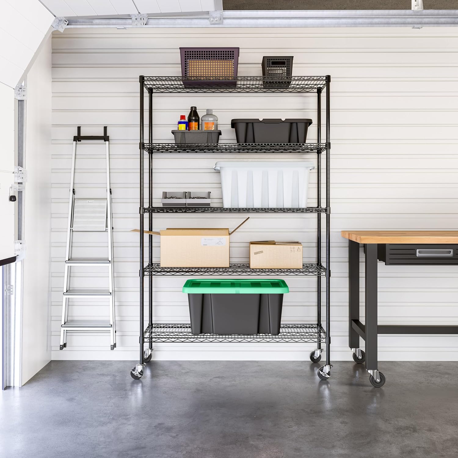 Seville Classics UltraDurable Heavy Duty NSF Solid Steel Wire Rack Storage Unit, Organizer for Garage, Warehouse, Office, Restaurant, Classroom, Kitchen, Black, 5-Tier Shelving, 48" W x 18" D - NestledHome