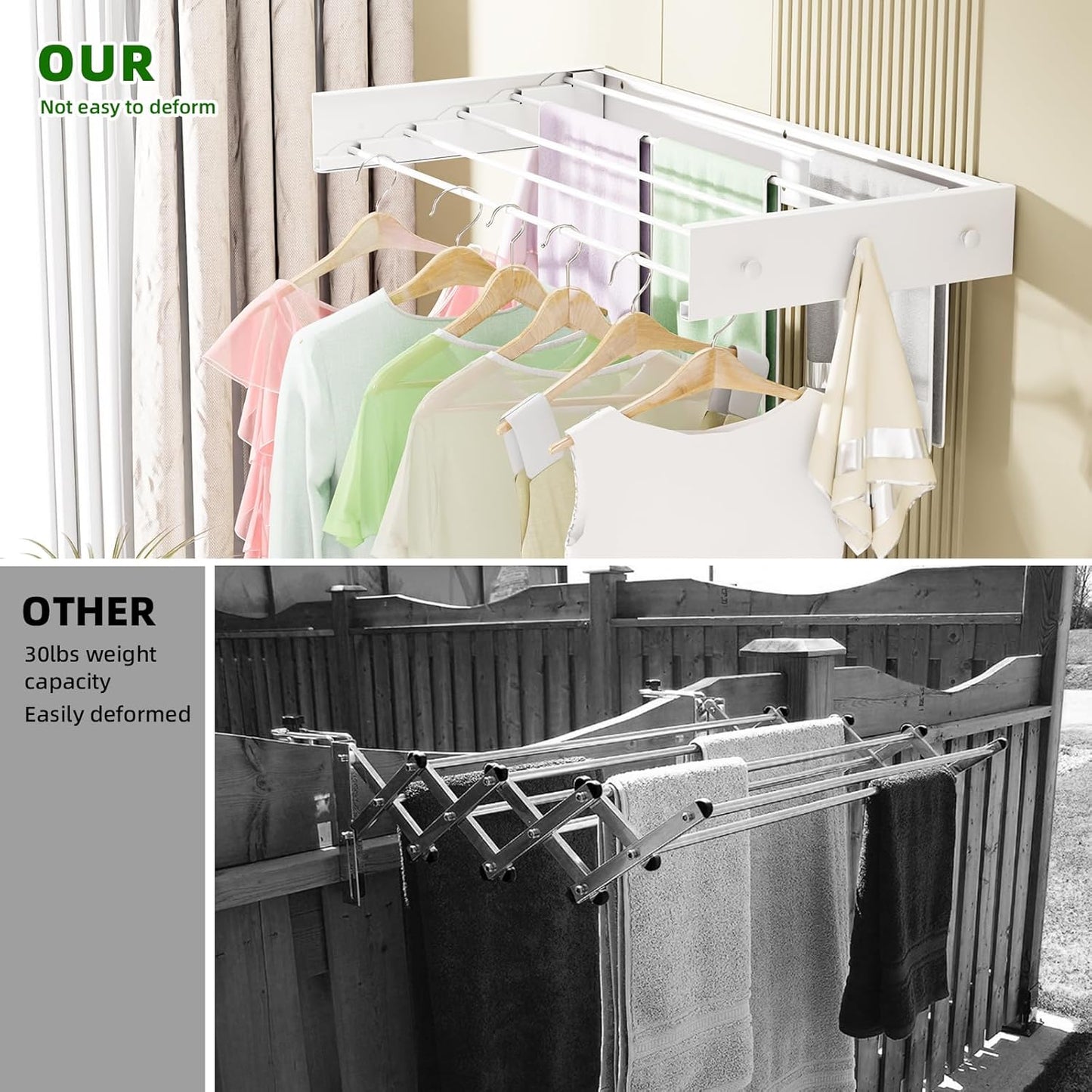 Wall Mounted Drying Rack for Laundry 31.5'', Folding Drying Rack Clothing Wall Mount with 5 Rods and 6 Hooks, Space Saving for Indoor Outdoor Bathroom Balcony (White, 31.5'') - NestledHome