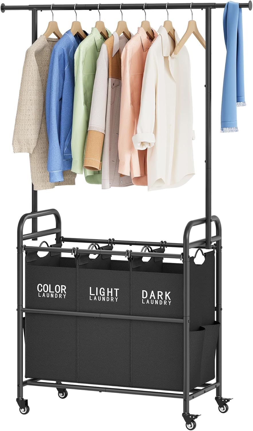 Tajsoon Laundry Sorter Cart with Hanging Rack, Laundry Sorter 3 Section, Laundry Hamper with Heavy Duty Rolling Lockable Wheels, Black - NestledHome