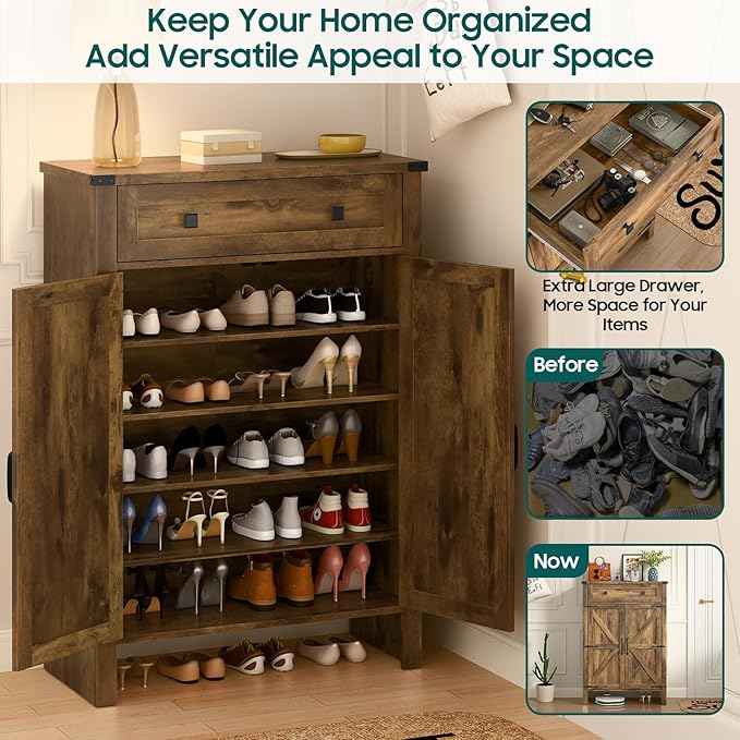 Shoe Storage Cabinet, 5-Tier Farmhouse Shoe Cabinet with Adjustable Shelves & Drawer, Wooden Shoes Rack Cabinets Storage Organizer with Doors for Entryway, Hallway, Closet, Living Room, Rustic Brown