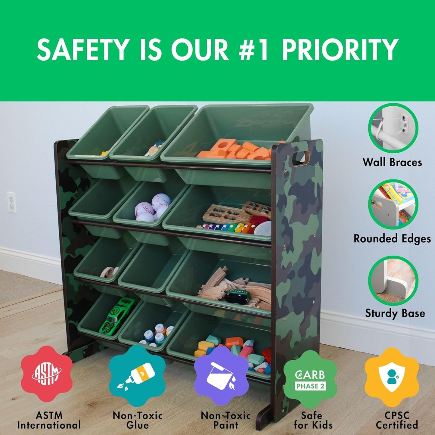 Humble Crew Kids Toy Storage Organizer with 12 Plastic Bins, Camo – Removable Bins for Playroom, Bedroom, Toddler Furniture for Boys and Girls Ages - NestledHome