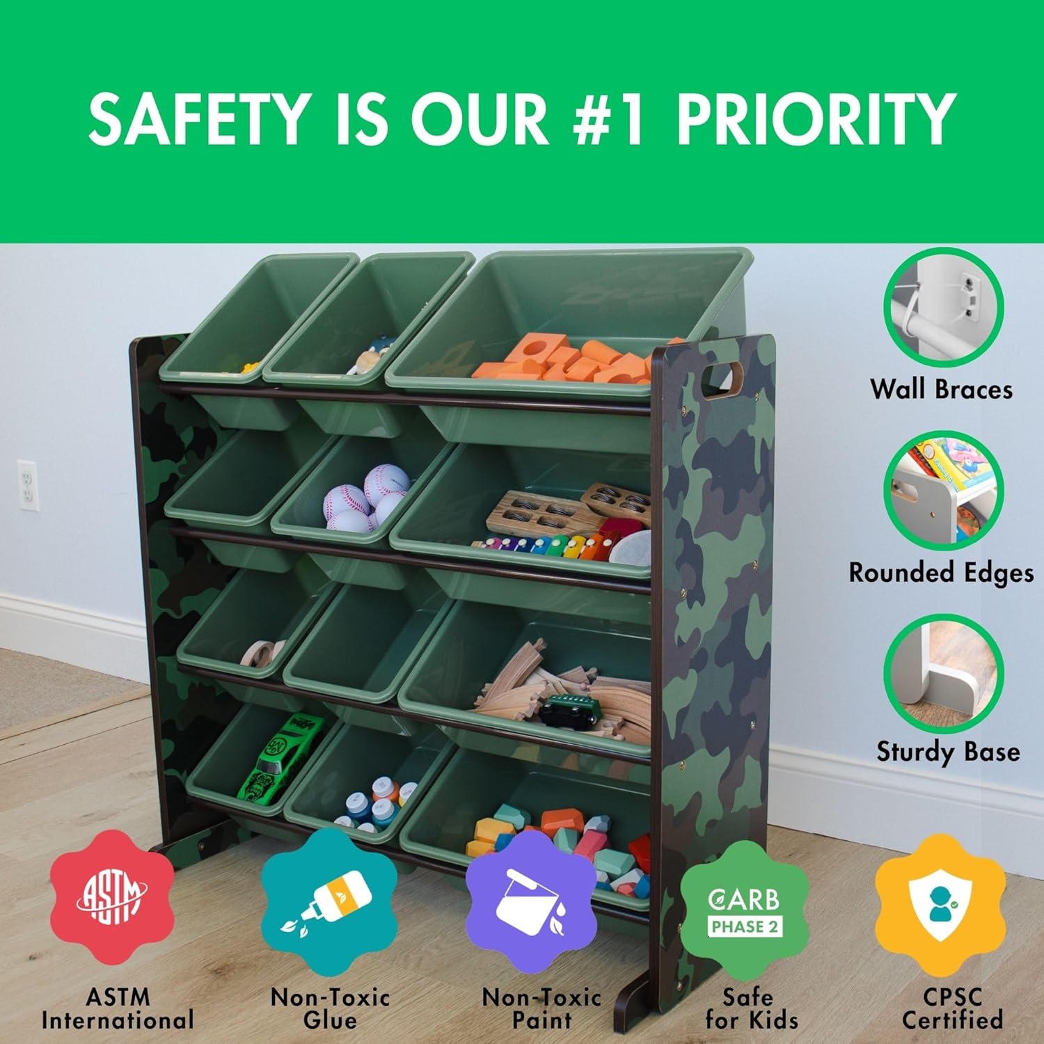 Humble Crew Kids Toy Storage Organizer with 12 Plastic Bins, Camo – Removable Bins for Playroom, Bedroom, Toddler Furniture for Boys and Girls Ages - NestledHome