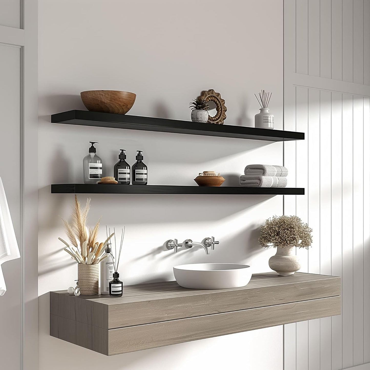 Wood Floating Shelves for Wall Decor, Rustic Wall Shelves for Bedroom Bathroom Kitchen Living Room, Set of 4 Black 48 Inch - NestledHome