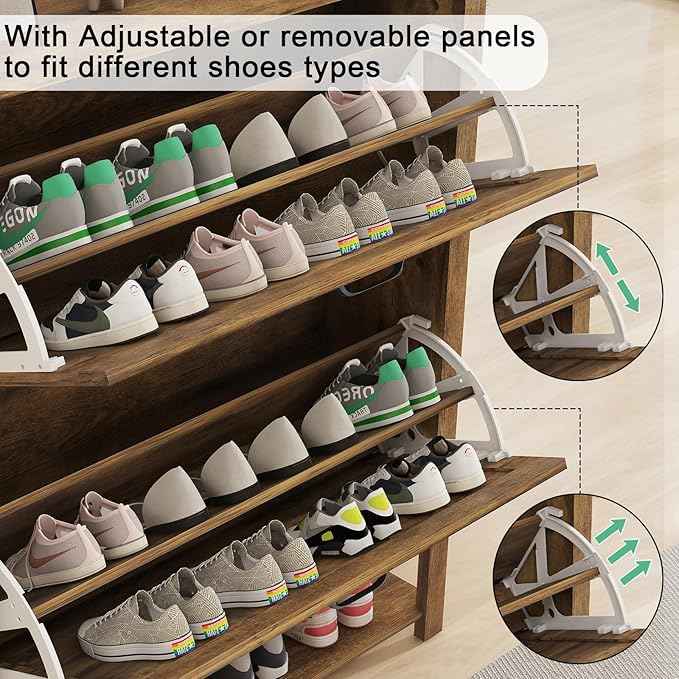 Vabches Shoe Storage Cabinet, Farmhouse Freestanding Organizer with 2 Flip Drawers, Wooden Hidden Narrow Slim Shoe Rack Cabinet for Entryway, Hallway, Foyer, Brown