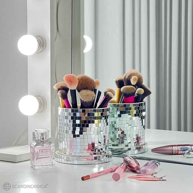 SCANDINORDICA Disco Ball Planter Pot - 4.3 inch Disco Ball Vase, Disco Planter, Ceramic Planter Pots Indoor with Drainage Hole and Saucer, Cute Eclectic Decor, Preppy Room Decor | 0.3" Mirror Tiles