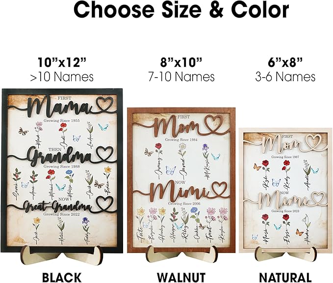 First Mom Now Grandma Wood Frame with Phone Stand Gifts Mothers Day New Grandmother Custom Grandma's Garden Plaque Birth Month Flowers Sign with Grandkids Names, Birthday Gift for Nana, Dog Cat