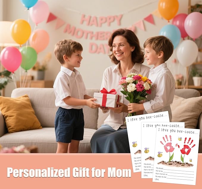 I Love You Bee-cause Handprint Keepsake Card Making Kit, 10 Funny Personalized Mothers Day Cards Bulk for Mom from Daughter or Son, Mothers Day Birthday Family Gifts for New Parents, Gifts for Grandma