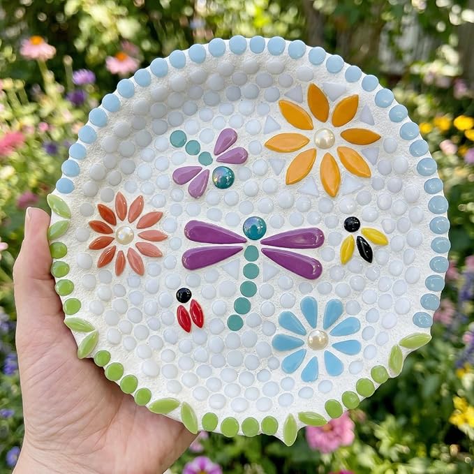 Artspac Glass Mosaic Tiles for Crafts Bulk,150g Round Mosaic Glass Pieces,White Mosaic Tiles for DIY Garden Crafts Supplies, Crafts Ornaments