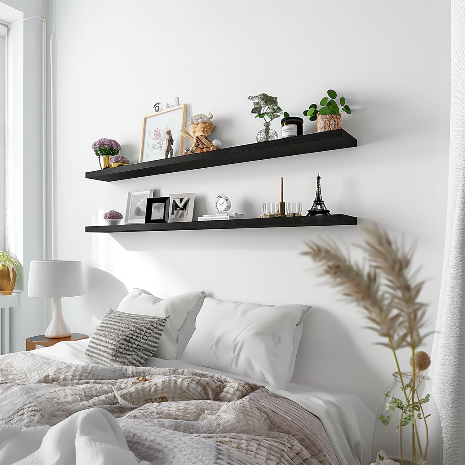 Wood Floating Shelves for Wall Decor, Rustic Wall Shelves for Bedroom Bathroom Kitchen Living Room, Set of 4 Black 48 Inch - NestledHome