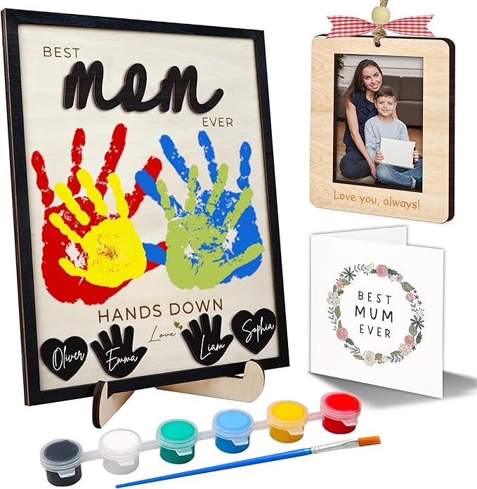 10" Hands Down Best Mom Ever Sign DIY Kids Gifts For Mom Handprint Kit with Acrylic Paints, Toddler Craft Birthday Gift Mother's Day Keepsake for Mum, Family Plaque with Daughter, Son Names HF90-M