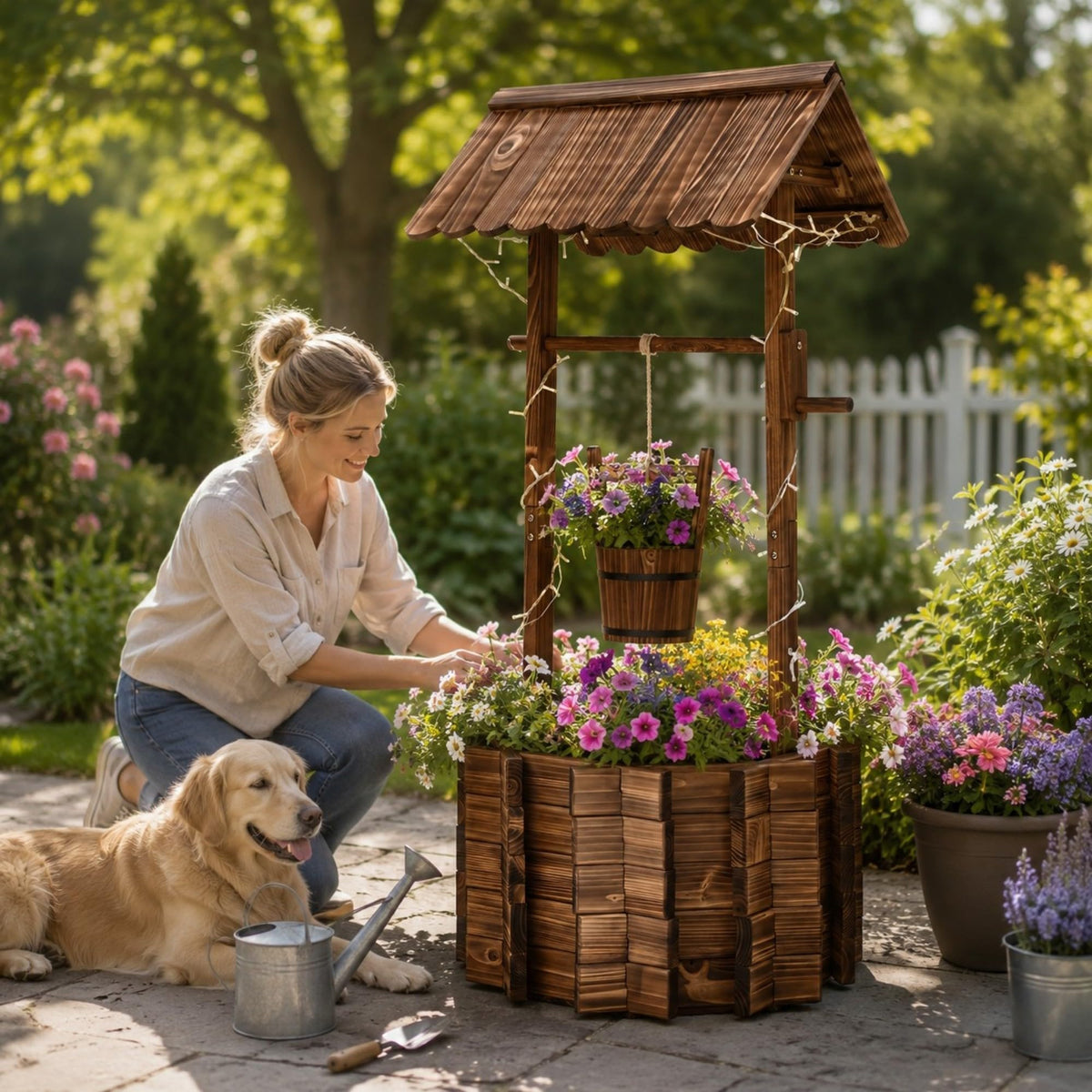54" Outdoor Wooden Wishing Well Planter with Colorful LED Lights