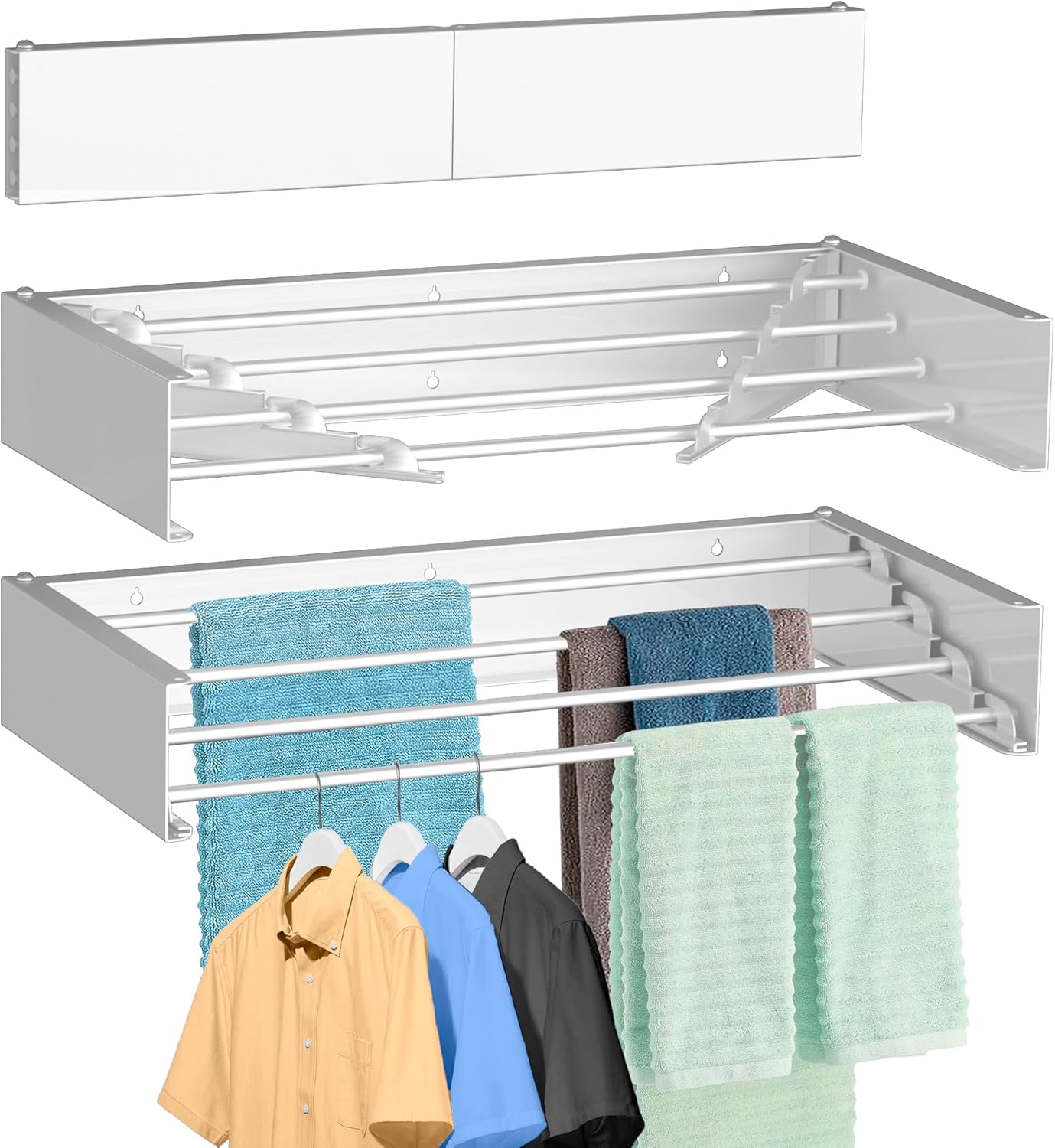 FOCHIER F Laundry Drying Rack Wall Mounted Clothes Drying Rack Collapsible with 4 Aluminum Rods and Drilling Template Long Screwdriver Bit 60 lbs Capacity (White, 23.6") - NestledHome