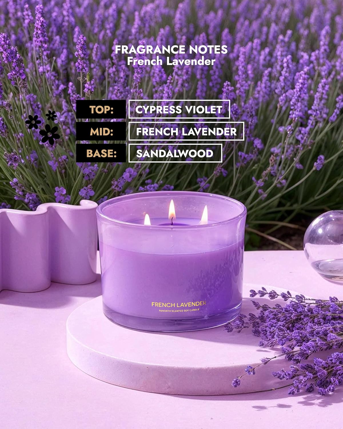96NORTH Luxury Lavender Soy Candle | Large 3 Wick Jar Candle | Up to 50 Hours Burning Time | 100% Natural Soy Wax | Relaxing Aromatherapy Aesthetic Candle | Housewarming Gift for Women and Men - NestledHome